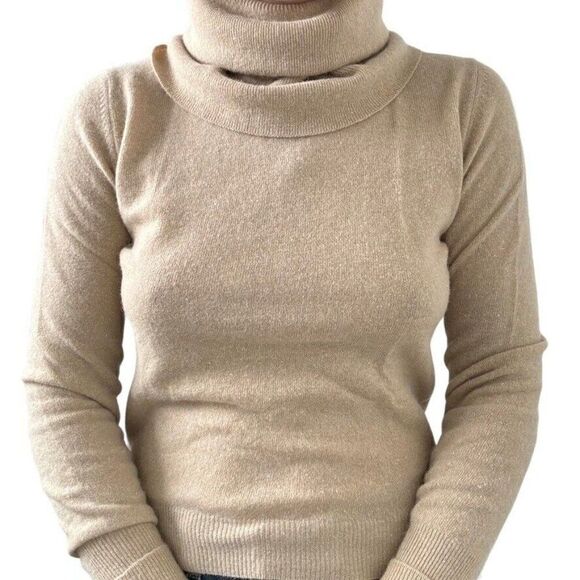 Vintage Womens Tan Lambswool Angora Blend Minimalist Turtleneck Sweater Sz M - Picture 1 of 5